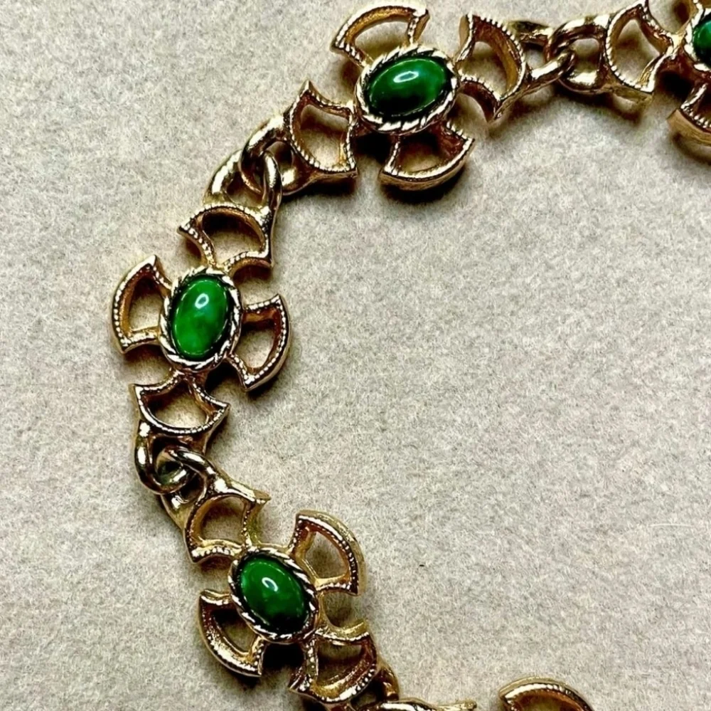 Vintage Avon 1973 Green Stone Faux Jade Bracelet, Baroness Cross